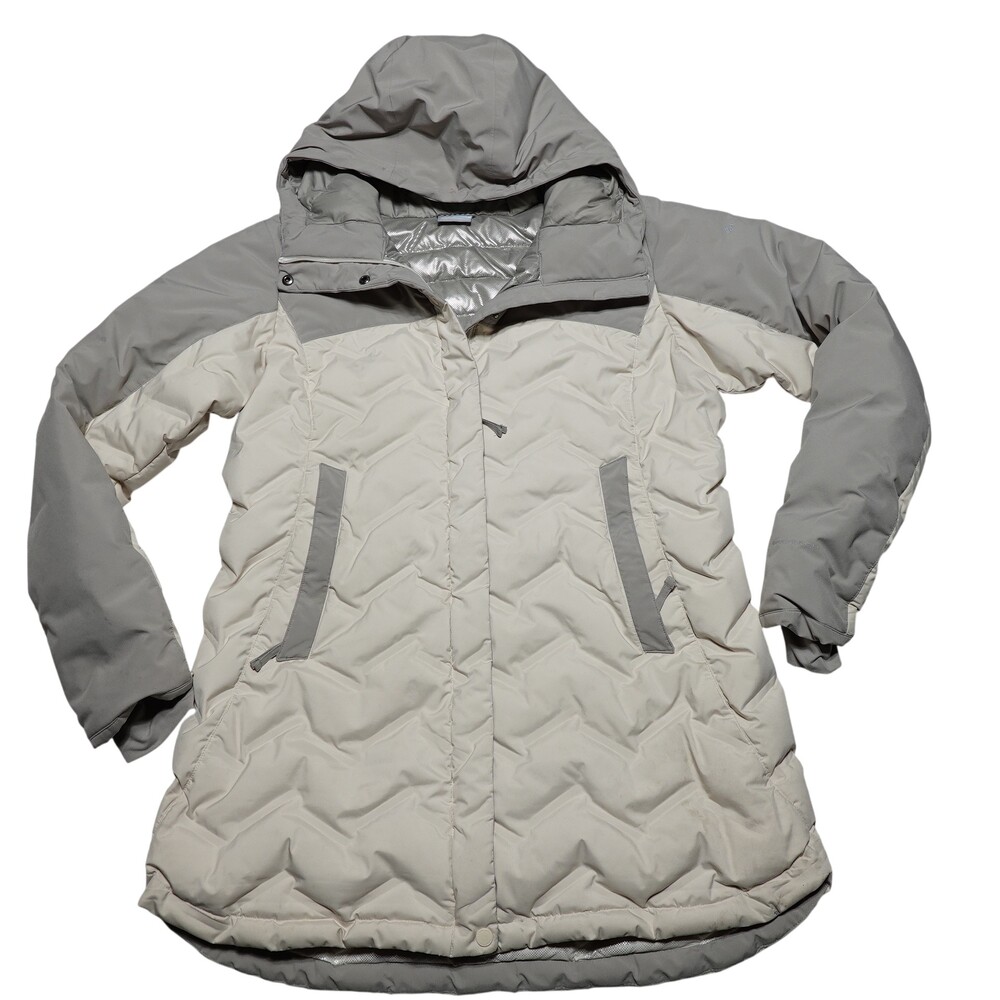 Columbia Omni Heat Coat Womens XL Beige Long Down Puffer Hooded Parka Winter